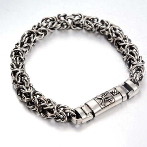 Heren Vintage Titanium Staal Byzantijnse Ketting Armband Punk Gothic Hip Hop Sieraden Retro Zilver Reliëf Sluiting Zware Wristband