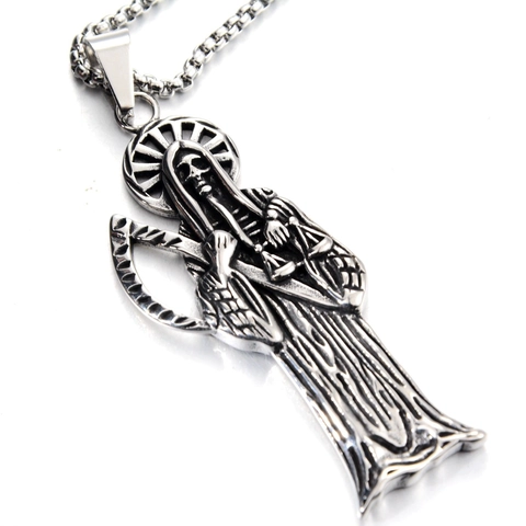 Collana con Pendente Falce della Morte in Acciaio Inossidabile Santa Muerte Scheletro Bilancia Pendente Vintage Hip Hop Gotico