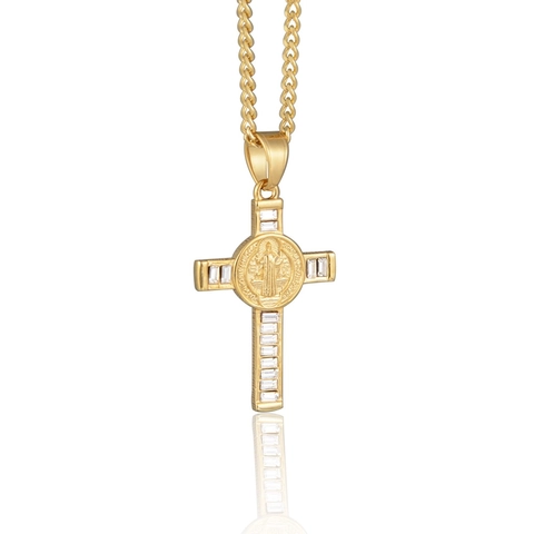 Hip Hop St Benedict Medal Cross Pendant Necklace Stainless Steel Baguette Zirconia Gold Silver Religious Jewelry Unisex
