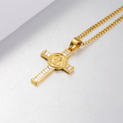 Hip Hop St Benedict Medal Cross Pendant Necklace Stainless Steel Baguette Zirconia Gold Silver Religious Jewelry Unisex