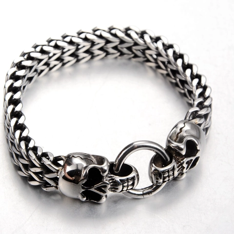 Punk Double Skull Titanium Steel Bracelet For Men Women Vintage Distressed Gothic Woven Chain Bracelet Hip Hop Jewelry