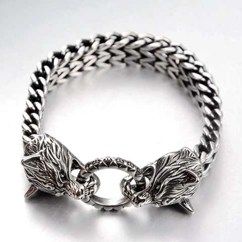 Vintage Wikinger Doppelter Wolfskopf Edelstahl Armband Für Herren Hip Hop Punk Schwere Weizenkette Schmuck Geschenk