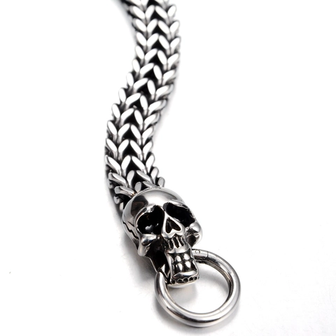 Punk Double Skull Titanium Steel Bracelet For Men Women Vintage Distressed Gothic Woven Chain Bracelet Hip Hop Jewelry