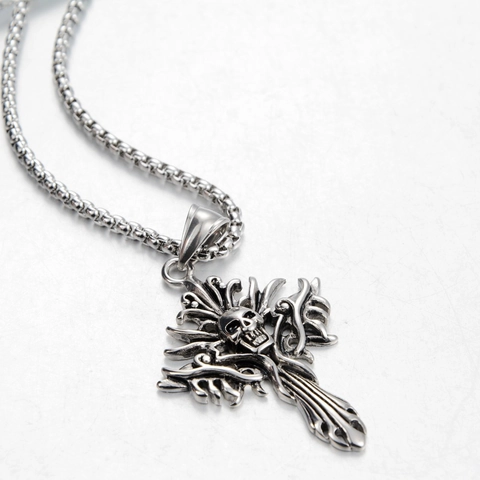 Gothic Punk Edelstahl Totenkopf Kreuz Anhänger Halskette Für Herren Damen Retro Silber Hip Hop Box Kette Schmuck