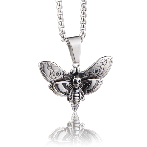 Collana con Pendente Teschio di Falena Gotica Acciaio Inossidabile Titanio Punk Hip Hop Unisex Retro Argento Anticato Gioielli