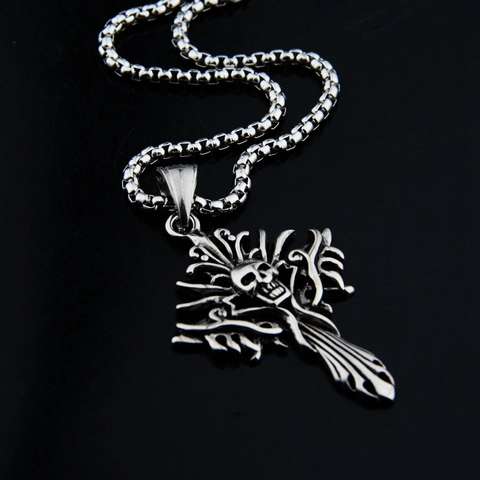 Gothic Punk Edelstahl Totenkopf Kreuz Anhänger Halskette Für Herren Damen Retro Silber Hip Hop Box Kette Schmuck