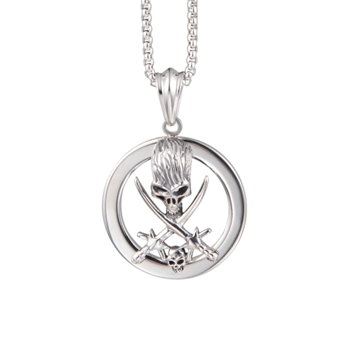Gothic Pirate Skull Crossed Swords Pendant Necklace Stainless Steel Hip-Hop Punk Jewelry Men Women Silver Circle Ring Charm