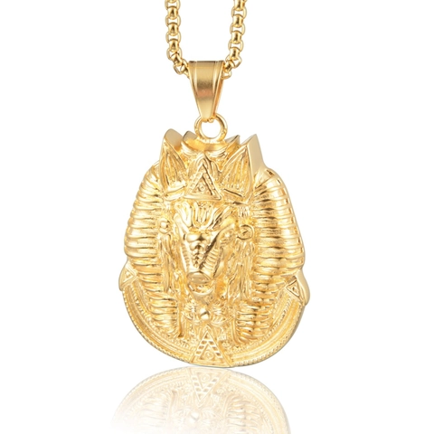 Collier Pendentif Anubis Pharaon Égyptien en Acier Titane Vintage Hip Hop Plaqué Or Bijoux pour Hommes Femmes Accessoire