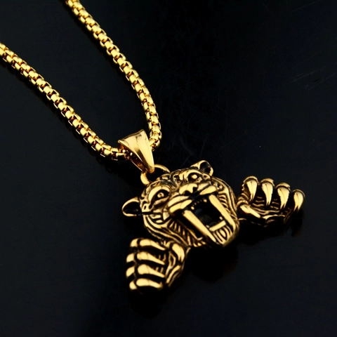 Hip Hop Edelstahl Säbelzahntiger Kopf Anhänger Halskette Vintage Punk Gothic Tier Schmuck Für Herren Damen Geschenk