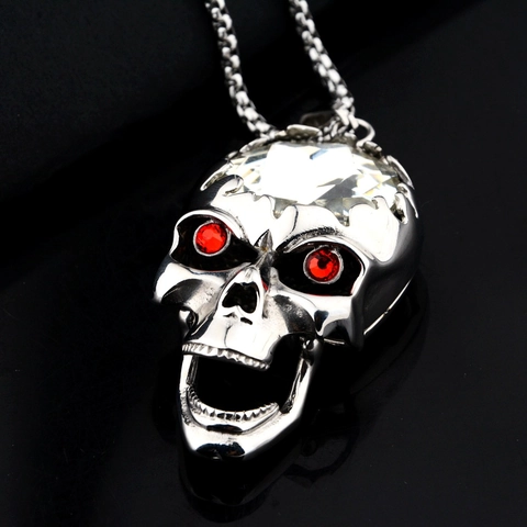 Collar con Colgante de Calavera Hip Hop Gótico Acero Inoxidable Titanio Metal Ojos de Zirconia Roja Gran Cristal Joyería Punk
