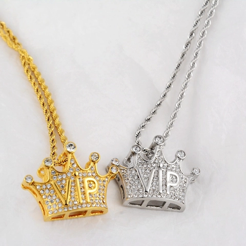 Collar con Colgante VIP de Corona de Acero Inoxidable Hip Hop para Hombre y Mujer Joyería de Cadena de Cuerda de Strass