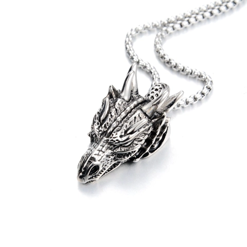 Retro Edelstahl Drachenkopf Totenkopf Anhänger Halskette Gothic Punk Altsilber Schmuck Für Herren Damen Alltag Accessoire