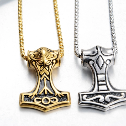Vintage Edelstahl Mjolnir Anhänger Halskette Nordische Wikinger Thors Hammer Punk Schmuck Für Herren Damen Täglich Accessoire