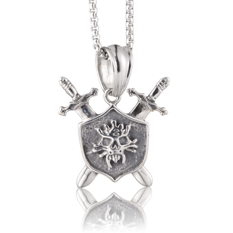 Collier Pendentif Crâne de Pirate Bouclier Épées Croisées Hip Hop Rétro Acier Titane Vieilli Bijoux Punk pour Unisexe