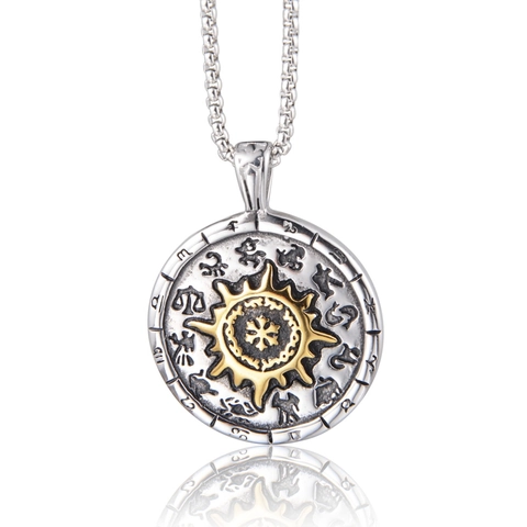 Collana Con Ciondolo Sole Zodiacale in Acciaio al Titanio Retro per Uomo Donna Hip Hop Astrologia Moneta Rotonda Gioielli Bicolore Catena