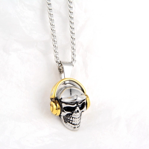 Hip Hop Skull Head Pendant Necklace With Headphones Titanium Steel Punk Rock Jewelry For Men Women Streetwear Accessory
