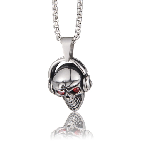 Hip Hop Skull Head Pendant Necklace With Headphones Titanium Steel Punk Rock Jewelry For Men Women Streetwear Accessory
