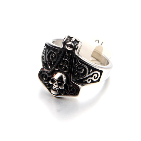 Vintage Stainless Steel Thor Hammer Skull Ring For Men Gothic Punk Viking Jewelry Mjolnir Band Antique Silver Distressed Ring