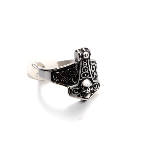 Vintage Stainless Steel Thor Hammer Skull Ring For Men Gothic Punk Viking Jewelry Mjolnir Band Antique Silver Distressed Ring