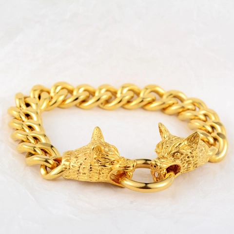 Hip Hop Doppel Wolfskopf Panzerkette Armband Gold Titanstahl Vintage Punk Gothic Schmuck Für Unisex Herren Damen Geschenk