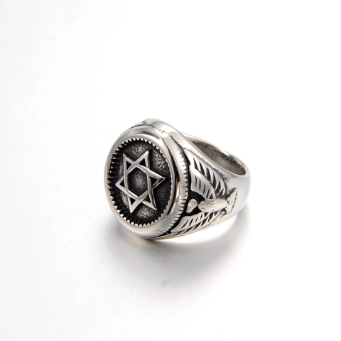 Anello Vintage in Acciaio Inossidabile con Esagramma Stella di Davide per Uomo Donna Punk Religioso Gioielli Argento Antico