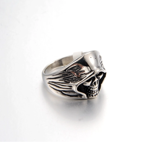 Gothic Stainless Steel Grim Reaper Skull Ring For Men Vintage Punk Biker Rock Jewelry Retro Silver Finger Ring