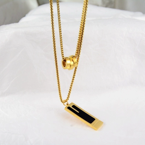 Minimalistische Gold Titanstahl Doppel Anhänger Halskette Für Damen Schwarz Geometrisch Quadrat Tag Box Kette Schmuck