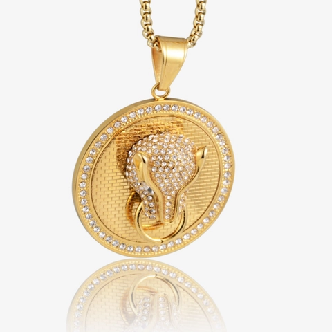 Hip Hop Leopard Head Pendant Necklace Gold Plated Titanium Steel Bling Rhinestone Inlaid Medallion Streetwear Jewelry Unisex