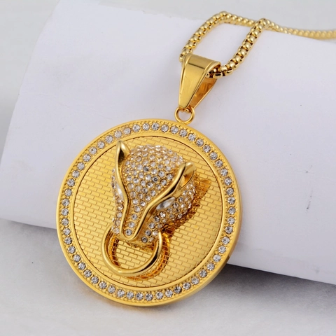 Hip Hop Leopard Head Pendant Necklace Gold Plated Titanium Steel Bling Rhinestone Inlaid Medallion Streetwear Jewelry Unisex