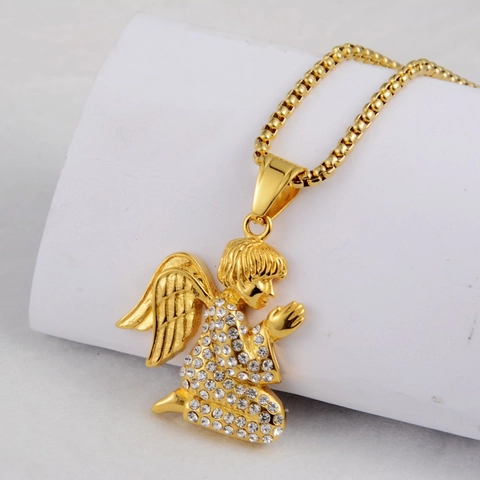 Hip Hop Titanium Steel Praying Angel Pendant Necklace For Men Women Gold Plated Zirconia Inlaid Box Chain Religious Jewelry Gift
