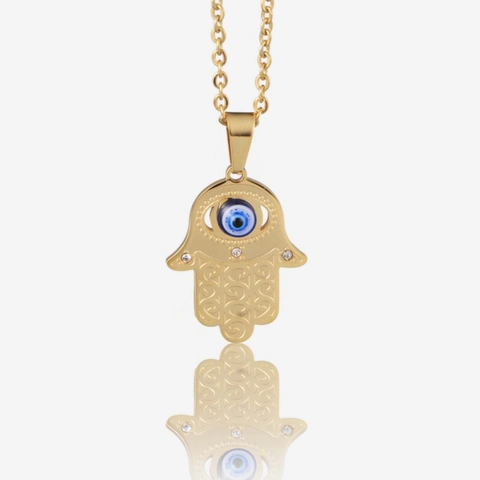 Collana con Ciondolo Mano di Fatima Malocchio Acciaio Inossidabile Hip Hop Gioielli Uomo Donna Oro Argento Strass Protezione