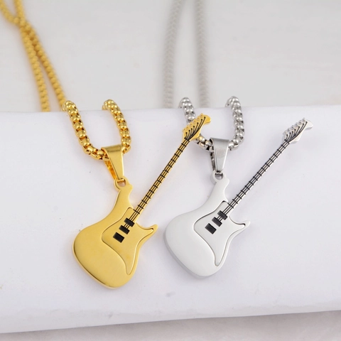 Hip Hop Stainless Steel Electric Guitar Pendant Necklace For Men Women Rhinestone Inlaid Music Theme Jewelry Fashion Accessory