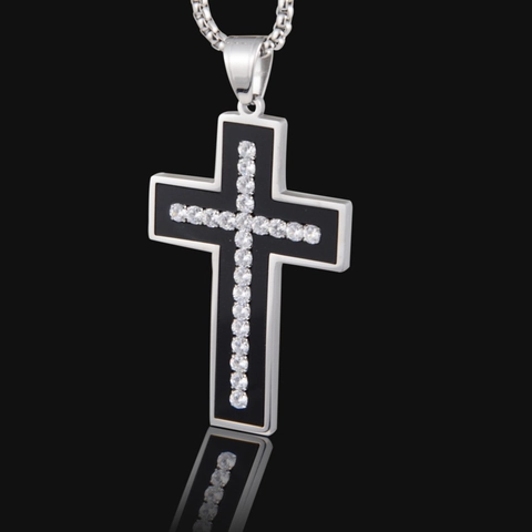 Hip Hop Collier Pendentif Croix en Acier au Titane Homme Femme Émail Noir Strass Bijoux de Mode Religieux Cadeau