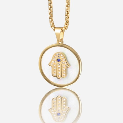 Hip Hop Hamsa Hand Evil Eye Round Pendant Necklace For Women Men Titanium Steel Rhinestone Mother Of Pearl Inlaid Box Chain Jewelry