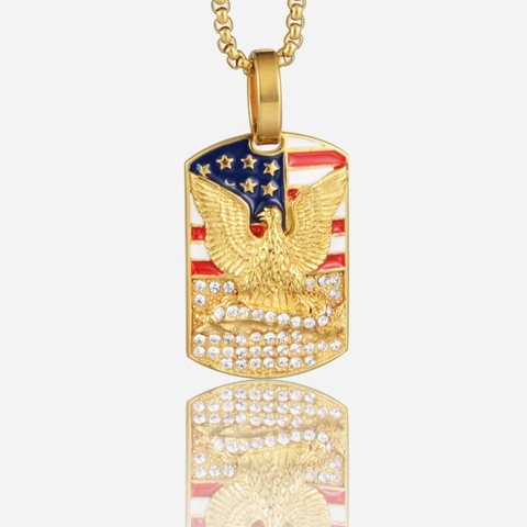 Hip Hop Titanium Steel Eagle Military Tag Pendant Necklace American Flag Enamel Zircon Inlaid Jewelry For Men Women