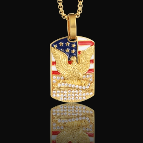 Hip Hop Titanium Steel Eagle Military Tag Pendant Necklace American Flag Enamel Zircon Inlaid Jewelry For Men Women