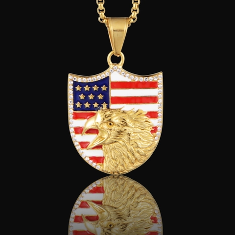 Hip Hop American Flag Eagle Shield Pendant Necklace Stainless Steel Rhinestone Patriotic Jewelry For Men Women Daily Casual Accessory