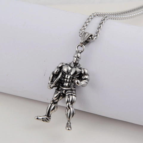 Hip Hop Fitness Muscle Man Pendant Necklace For Men Titanium Steel Gym Bodybuilding Jewelry Vintage Silver Barbell Dumbbell Charm