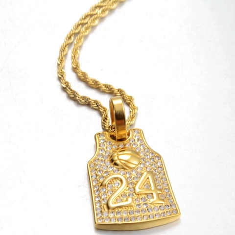 Collar con Colgante de Camiseta de Baloncesto Número 24 Hip Hop de Acero de Titanio Chapado en Oro con Estrás