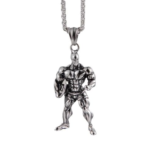Hip Hop Fitness Muscle Man Pendant Necklace For Men Titanium Steel Gym Bodybuilding Jewelry Vintage Silver Barbell Dumbbell Charm