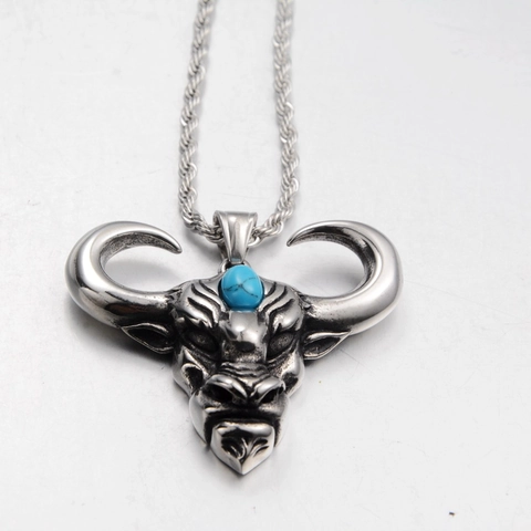Collana con Pendente a Testa di Bue in Acciaio Inossidabile Retro con Pietra Blu Stile Hip Hop Streetwear per Uomo Donna