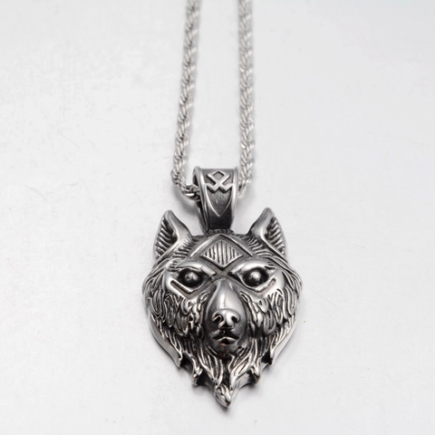 Vintage Viking Wolf Head Pendant Necklace Stainless Steel Rune Engraved Rope Chain Hip Hop Jewelry For Men Women