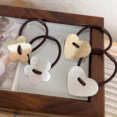 Korean Style Brushed Metal Heart Flower Star Hair Ring For Women Fashionable High Elastic Hair Tie Accessories