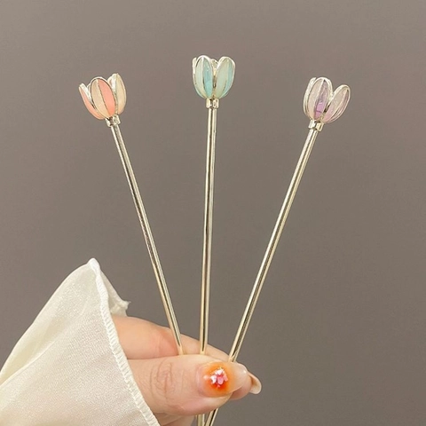 Vintage Chinese Style Alloy Tulip Hair Stick Elegant Flower Hair Pin For Women Girls Hanfu Accessory Gold Color