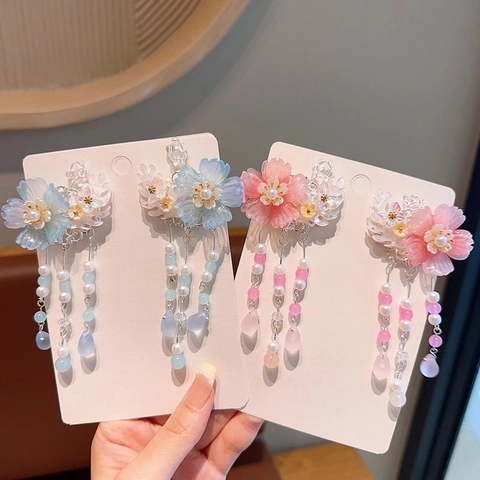 Bambini Stile Cinese Tradizionale Fiore Fermagli per Capelli Hanfu Copricapo Perla Artificiale Lunga Nappa Forcine Vintage Ragazze Accessoires Capelli