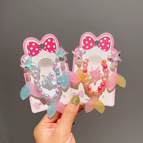 Mädchen Meerjungfrau Fischschwanz Seestern Schmuck Halskette Armband Ohrringe Herz Ring Irisierende Harz Perlen Zubehör Geburtstag Geschenk Für Kinder