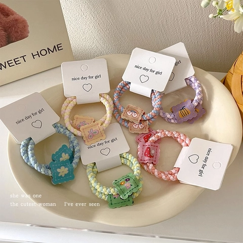 Cute Fabric Elastic Hair Ties For Women Girls Woven Cartoon Strawberry Rainbow Heart Pattern High Elasticity Hair Scrunchies Accessories