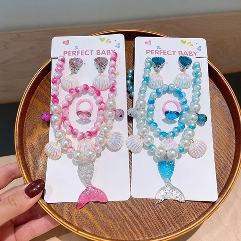 Kids Mermaid Tail Shell Jewelry Set Artificial Pearl Necklace Bracelet Heart Ring Ear Clips For Little Girls Birthday Party Gift