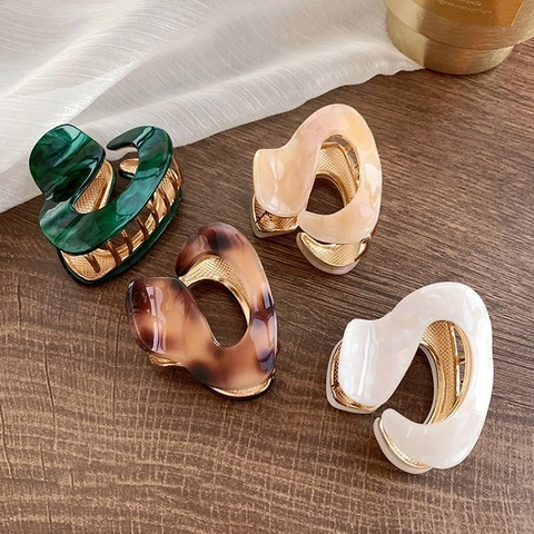 Irregular Acetate Hair Claw Clip For Women Elegant Korean Style Marble Texture Shark Clip Gold Metal Teeth Hair Accessories