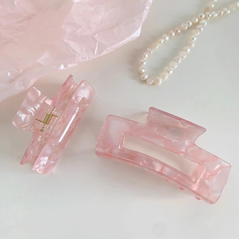 Pink Cellulose Acetate Marble Texture Square Hollow Hair Claw Clip For Women Korean Style Sweet Shark Clip Hair Accessory